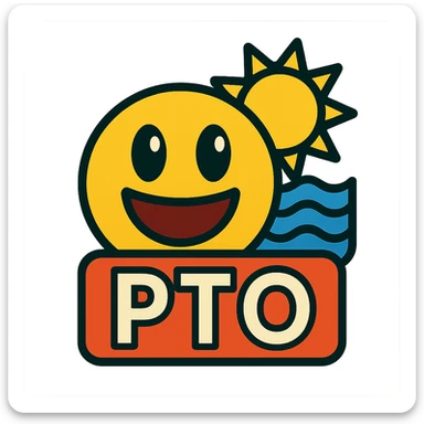 emoji with the text 'PTO' and a sun and waves vibrant cartoon style sticker