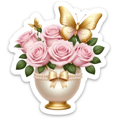 Realistic aesthetic bouquet of light pink roses in a pearl vase and a ivory bow with gold decoration and a butterfly with gold and beige wings sticker