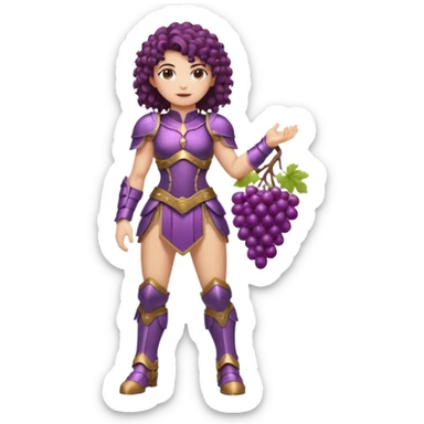 full body woman short curly brown mullet brown eyes white skin muscular build grape cluster armor outfit sticker