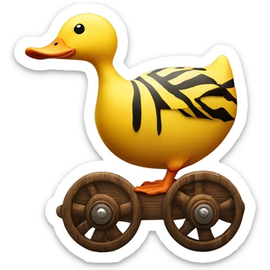 Yellow Duck with tiger stripes on wooden wheels like from the book janosh. Point of view from the side 90 degrees sticker