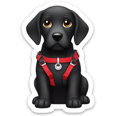 Black lab with puppy face wearing a red harness sticker