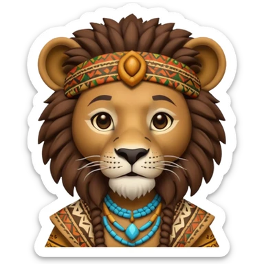 a-3d-cartoon-african-lion-from-the-1800s-wearing-traditional-african-tribal-clothing,-calm-expression,-natural-background,-memoji-style-realism. sticker