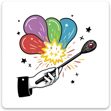 hand holding a magical wand with colorful glowing light around it sticker