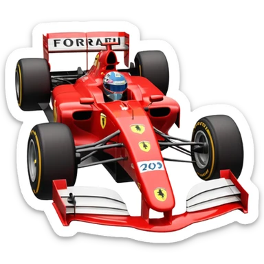 three-quarter view of a red iconic Ferrari F1 car from the 2000s with visible rear wing, emoji style sticker