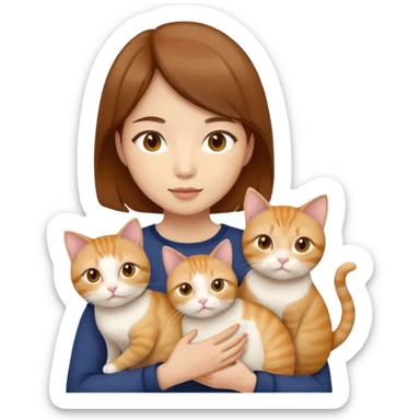 Asian girl, brown hair, brown eyes skin tone beige holding three cats one ginger, one yellow white one British short hair and cream colour sticker