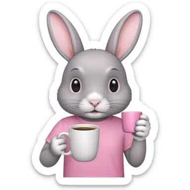 Gray rabbit, wearing pink t-shirt, holding coffee mug sticker
