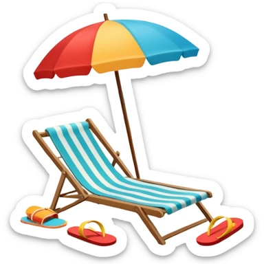 Icon for Beach Tourism: a sunny beach with the sea and waves, a lounge chair, a sun umbrella, and flip-flops on the sandy shore. The background should be a clear, vibrant ocean view with the sun shining brightly. Transparent background. sticker