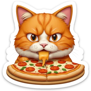 portrait bust-up of an angry cat eating pizza sticker