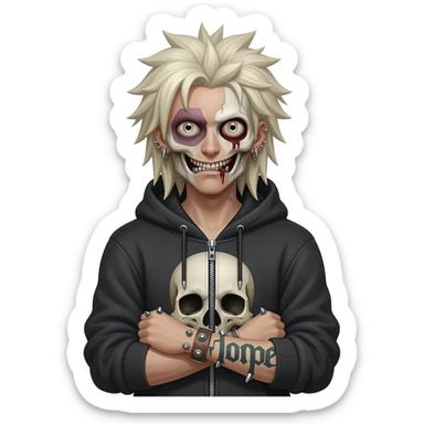 zombie spiky long platinum gold hair, hoodie zip is vignette skull wear piercings tatto "hope" sticker