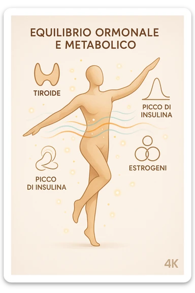 Il corpo è circondato da simboli delicati e bilanciati che rappresentano equilibrio ormonale e metabolico: piccoli cerchi, flussi energetici colorati, simboli stilizzati di tiroide, picco insulina, estrogeni. 4k immagine in italiano sticker