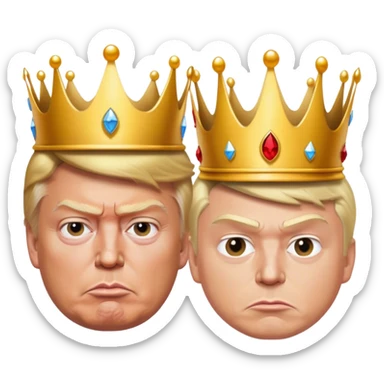 Orange Donald Trump, scowling, and Elon Musk wearing a king crown sticker