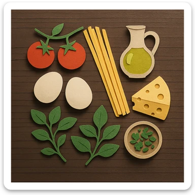A realistic top-down view of a wooden kitchen table with various common ingredients neatly arranged (like tomatoes, pasta, eggs, cheese, herbs, olive oil). The background should be dark and soft to match a modern app interface. Lighting should highlight the ingredients naturally, with soft shadows. No text, no hands, minimalistic but warm and homely, like a mobile UI background for a cooking app. sticker