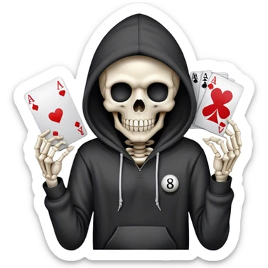 Skeleton holding 8  ball and ace card in hoodie ￼￼ ￼ sticker