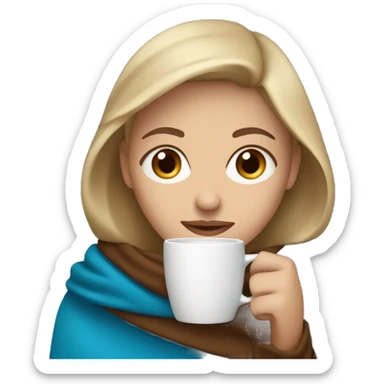 Dark Blonde woman with blue eyes wrapped in brown blanket drinking coffee sticker
