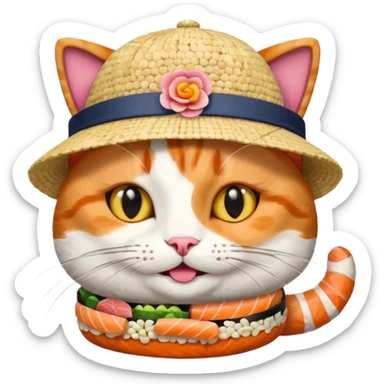 happy cat wearing a hat made out of sushi pieces sticker