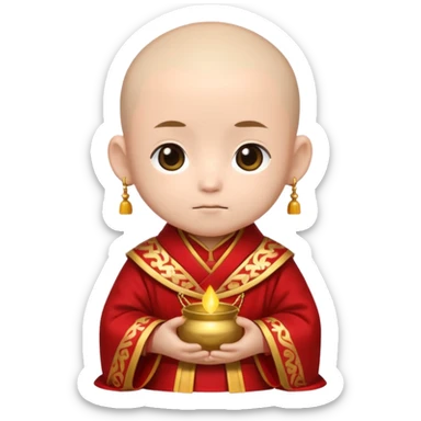 A small chibi-style monk character with red ceremonial robe with layered fabric and decorative gold-like patterns

 sticker