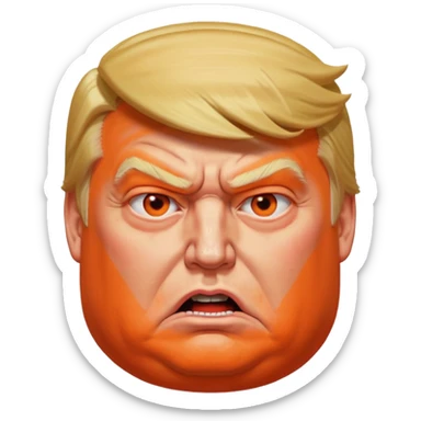 PLEASE MAKE 3 VERSIONS OF AN ISOMETRIC 3D ICON OF A DONALD TRUMP CHARACTER, FROM AN OVERHEAD ISOMETRIC ANGLE, WITH AN ANGRY AND CONFUSED EXPRESSION, HEAVY JOWELS, WITH EXCESSIVE ORANGE MAKEUP, A VERY LARGE, BLOATED STOMACH, AND VERY LARGE ANGLES. sticker