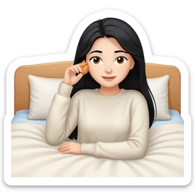 A woman with longer black hair, light to medium skin tone, full cheeks, and almond-shaped eyes, wearing a simple white sweater, lying comfortably on a bed with soft lighting, joyful and radiant expression sticker