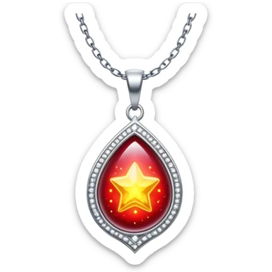 cosmic talisman: red-yellow glowing pendant, liquid silver chain, stardust particles sticker