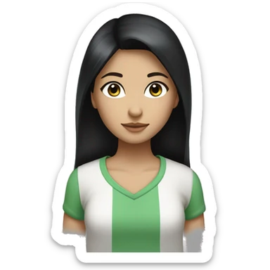 Girl, long straight black hair, big brown eyes, white skin, eyelashes, green shirt sticker