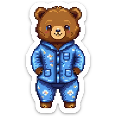 cute bear in blue pajamas, pixel art style, pixel art, adorable, cozy, blue pajamas sticker
