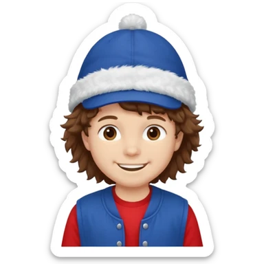 brown fluffy hair kid with blue and white hat dark blue jilet red t shirt sticker