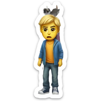 the child is angry and there is a closet with clothes next to him sticker