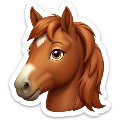 Cinematic Cute Chestnut Horse Portrait Emoji, Head tilted playfully and inquisitively, showcasing a glossy chestnut fur with a vibrant sheen and gentle, expressive amber eyes, Simplified yet irresistibly adorable features, highly detailed, glowing with a warm, friendly glow, high shine, affectionate and spirited, stylized with a touch of whimsy, bright and endearing, soft glowing outline, capturing the essence of a mischievous yet loving horse, so playful it feels like it could prance out of the screen and into your arms! sticker