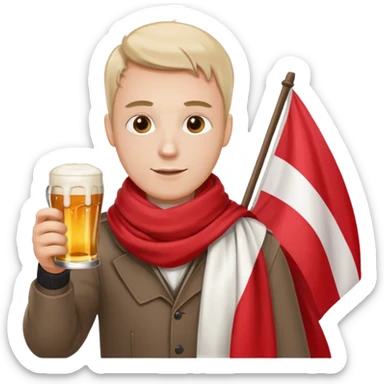 A man wearing a red and white scarf holding a Polish flag in one hand and a beer in the other sticker