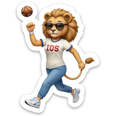friendly anthropomorphised female lion wearing a baseball shirt, jeans, trainers, dark sunglasses, jogging upright, dominant confident expression sticker