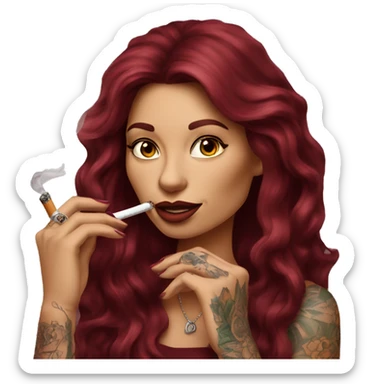 Beautiful tattooed burgundy long haired woman smoking a cigarette sticker