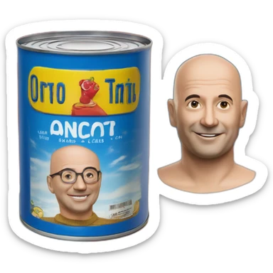 shallow rectangular tin of anchovies, looks like Ortiz brand,  with a photo of a bald man on the side, red blue yello colors sticker