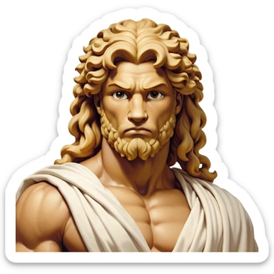 Cinematic Realistic Hercules Portrait, depicted as a classical Greek hero merging the fierce masculinity of the lion-wrestling Hercules with the refined face of Michelangelo's David. His light tan, chiseled skin glows with timeless strength, and his thick, curly, golden brown hair cascades in natural, sculpted curls reminiscent of a warrior’s mane. Draped in a flowing white robe with delicate golden accents and crowned with a traditional Greek laurel wreath, his intense, determined eyes exude noble might, all rendered under dynamic natural lighting with a mythic, radiant glow. sticker