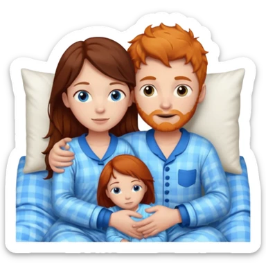 Ginger boy hugging girl with very dark brown hair. Both have blue eyes. They are in bed.  sticker