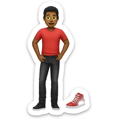 generate a boy with red shirt and black jean with yellow shoe sticker