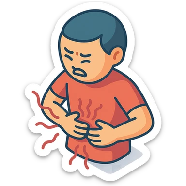 torso of a little person holding painful stomach, grimacing in pain, pain waves around, 2d isometric style, detailed shadows and highlights, torso, stomach, and arms, transparent background sticker