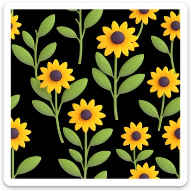 yellow rudbeckia flower with green leaves in 3D iOS style on white background sticker
