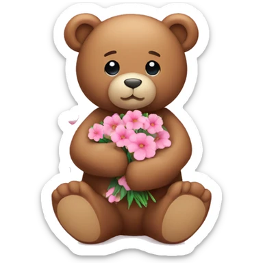 Sitting Teddy bear with Flowers in the hand and pink hearts around him sticker