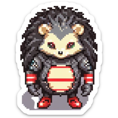 black and red hedgehog with glowing hover shoes and red stripes, standing ready for battle on metallic platforms with neon lights, dark industrial background, mysterious and edgy sticker