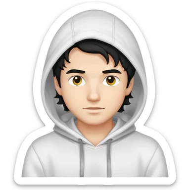 handsome young man with wavy black hair, black eyes, no beard or mustache, wearing a white hoodie, emoji style sticker