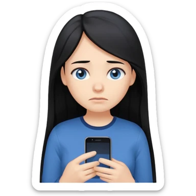 Cartoon emoji of a girl with long, straight black hair, fair skin, gentle blue eyes. Wearing a navy top, looking miserable and stressed, scrolling on her phone or watching TikTok. Smooth, simple, stylized. sticker