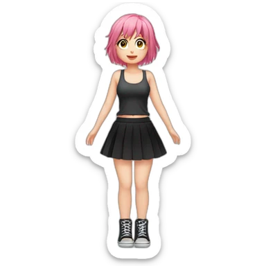 Full body Front view curvy emo girl pink hair sits on the floor straight view hands up black skirt полосатые рваные чулки sticker