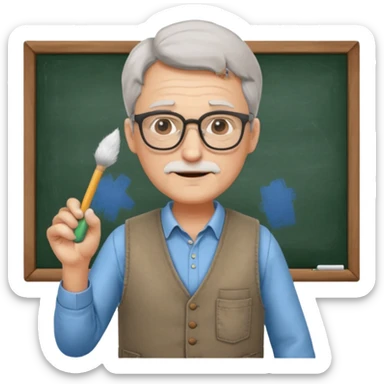 Man teacher: old, wearing vest, wearing glasses, hold chalk on their hand sticker