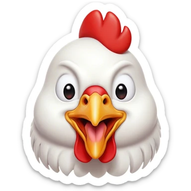 Cinematic Comical White Chicken Portrait Emoji, Head tilted dramatically with an exaggeratedly shocked or amused expression, featuring a sleek, immaculate white plumage with a prominent red comb, wide, expressive beady eyes filled with playful disbelief, Simplified yet hilariously expressive features, highly detailed, glowing with a slightly sassy glow, high shine, dramatic yet playful, stylized with an air of cheeky mischief, bright and endearing, soft glowing outline, capturing the essence of a spirited and over-the-top chicken, so meme-worthy it feels like it could cluck its way into internet fame instantly! sticker