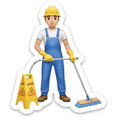 Custodian with yellow rubber gloves, white T-shirt, blue overalls, mopping floor sticker