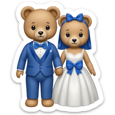 Teddy bear wearing white wedding dress holding the hand to another teddy bear wearing a big royal blue bow tie sticker