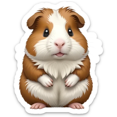 cinematic-[guinea pig]-realistic-full-body-sitting-emoji,-tiny-paws-tucked-close,-head-tilted-dramatically,-fluffy-[brown and white]-fur,-simplified-yet-realistic-focused-features,-highly-detailed,-glowing-with-an-almost-sarcastic-glow sticker