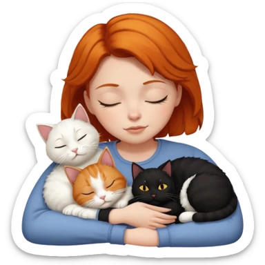 Ginger Girl short hair sleeping with two cats a black and a white bigger cat  sticker