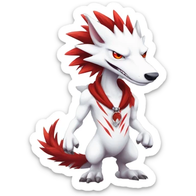 White edgy cute badass epic anthro modern albino sergal-vernid-Fakémon with red mane and red eyes with red edgy stripes, full body sticker