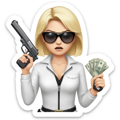 Mafia blondes angry woman in sunglasses, gun ,money , white costume  sticker